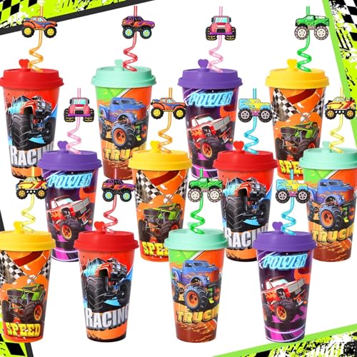 Lidmada 24 Sets Monster Truck Party Favors Cups with Lids and Straws for Mini Trucks Birthday Decorations Party Goodie Gift Bags Pinata Supplies