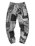 SHENHE Men's Paisley Print Jogger Pants Drawstring Elastic Waist Hippie Boho Pants Trousers Black Large