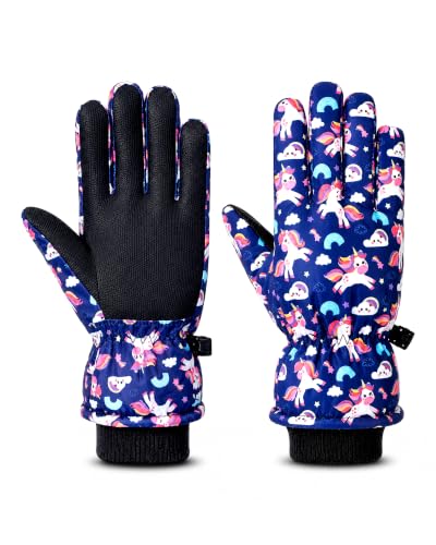 Image of Geyoga Kids Waterproof Winter Snow Ski Gloves | for Boys Girls, Warm Lining, Non-slip PU Leather Palm, Elastic Cuff with Adjustable Strap, for Outdoor Cold Weather