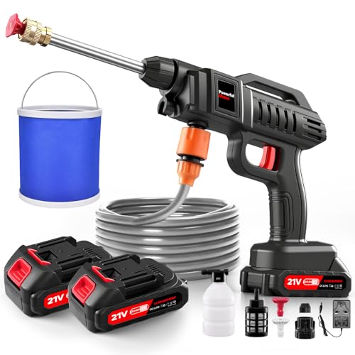 21V Cordless Pressure Washers with Bucket 2 Batteries & 5m Hose 870PSI Portable Power Washer for Car Bike Patio Garden High-Efficiency Battery Jet Wash for Outdoor Cleaning