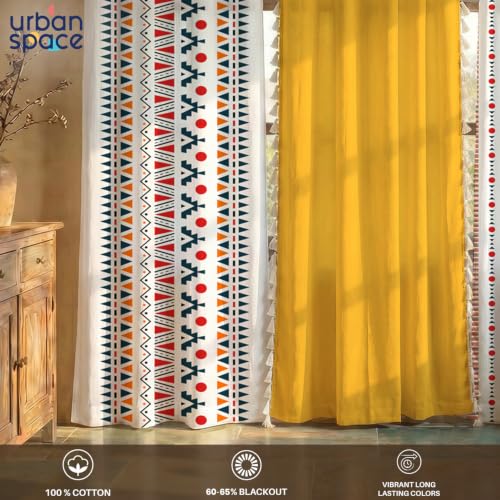Image of Urban Space 100% Cotton Geometric Curtains For Door, Set Of 3 Curtains 8 Feet Long, 60-65% Room Darkening Curtain, Tieback & Eyelets Included With Curtain (Ikat Orange & Aura Yellow, Door- 8 Ft)