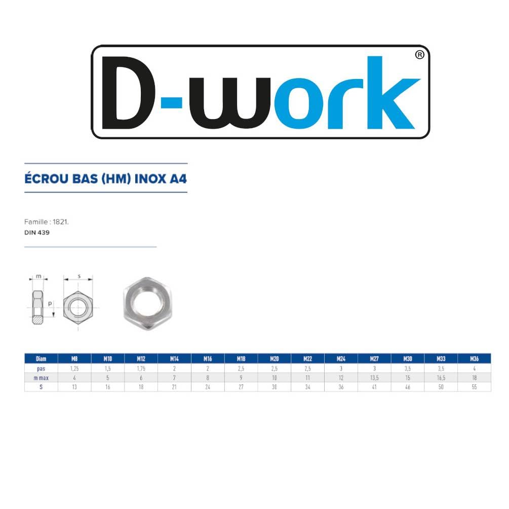 10 dadi esagonali bassi M36 mm, DIN 439, acciaio inox A4, D-Work