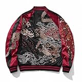 Sukajack Reversible Streetwear Men Japanese Style Dragon Embroidery Bomber Jacket Stain Full-Zip Vintage Windbreaker Red