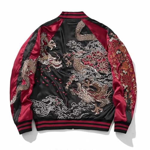Reversible Streetwear Men Japanese Style Dragon Embroidery Bomber Jacket Stain Full-Zip Vintage Windbreaker