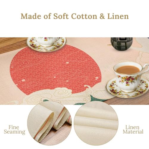 Image of Japanese Gold Crane Table Runner, Luxury Oriental Wave Pattern Table Decor for Dining Room Wedding Party Kitchen, Asian Art Tablecloth 13x120 Inch
