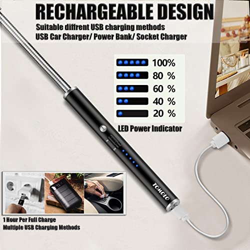 Tomolo Lighter, Rechargeable Candle Lighter Grill Lighter Electric Arc Lighter With Flexible Neck, Led Battery Display Safety Switch For Candle Camping Cooking Bbqs Fireworks (Black) #TOP4