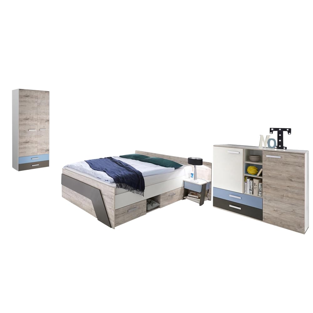 Lomadox Jugendzimmer Kinderzimmer Komplett Set, Sandeiche mit weiß Lava blau, 140 x 200 cm Jugendbett Kojenbett, Kleiderschrank, Nachttisch, Kommode