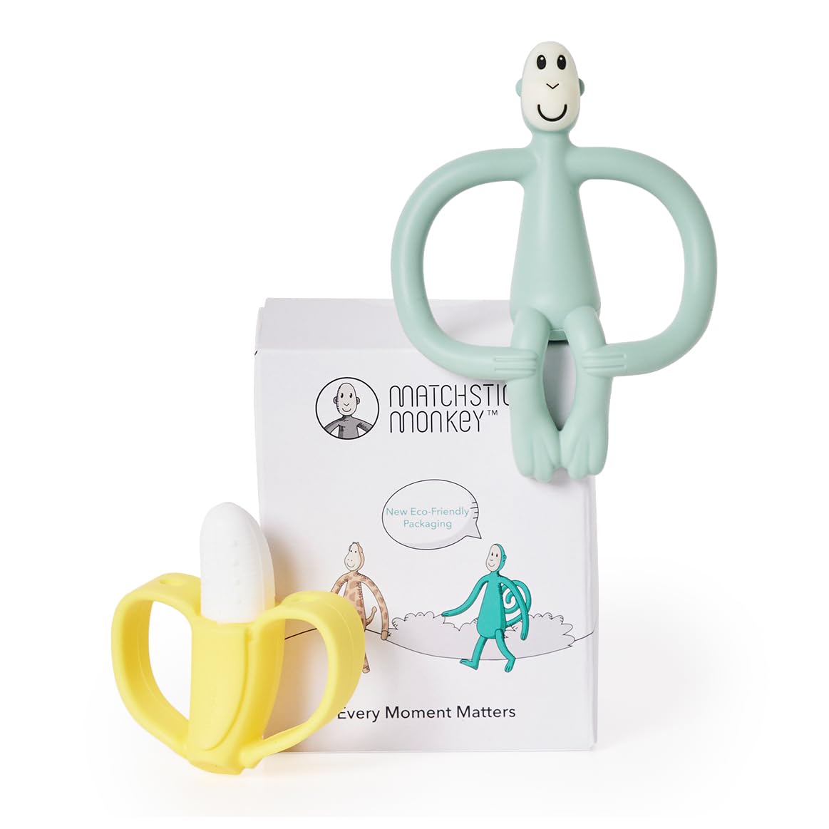 Matchstick Monkey, Antimicrobial Teething Gift Set - 1 Banana Shaped Soother and 1 Animal Teether, 3 Months Old+, Banana & Monkey