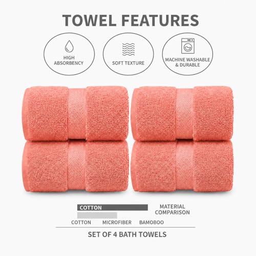 Image of Sulfar 100% Combed Cotton, Quick Drying Highly Absorbent Thick Bathroom Towels, Luxury Bath Towel Set (Pack of 4, 70 X 140 cm) - 600 GSM (Coral Pink)