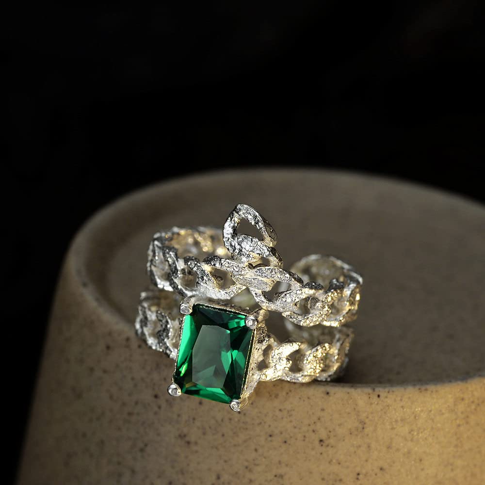 Anello In Argento Sterling 925,Anelli In Argento Sterling Donna 925 Anelli Regolabili Con Smeraldi Zirconi Quadrati Doppio Strato Anelli Regolabili In Argento Sterling Anello Di Fidanzamento Regali
