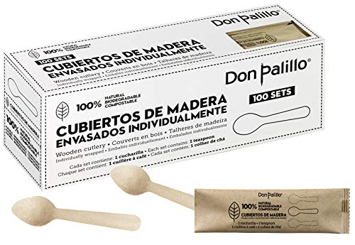 DON PALILLO - 100 cucharillas de madera desechables envueltas individualmente en papel kraft. Ideales para café, infusiones, postres...