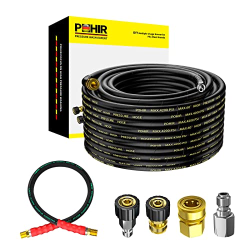 POHIR Pressure Washer Whip Hose 3/8”, 248℉ Hot Water Pressure Washer Hose 4800 psi, High Pressure Jumper Hose 3FT, Power Washer Hose 100FT 3/8'' Quick Connect, High Tensile Wire Braided Car Wash