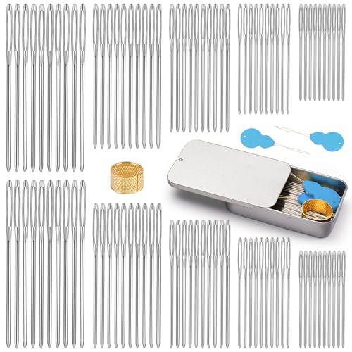 Image of TLKKUE 100 /40 Pcs Steel Large-Eye Blunt Needles, Tapestry Needle with Needle Threader Thimble, Yarn Needles for Sewing Knitting Crafting Weaving Crochet Tapestry (Silver, 5 sizes /100pcs)