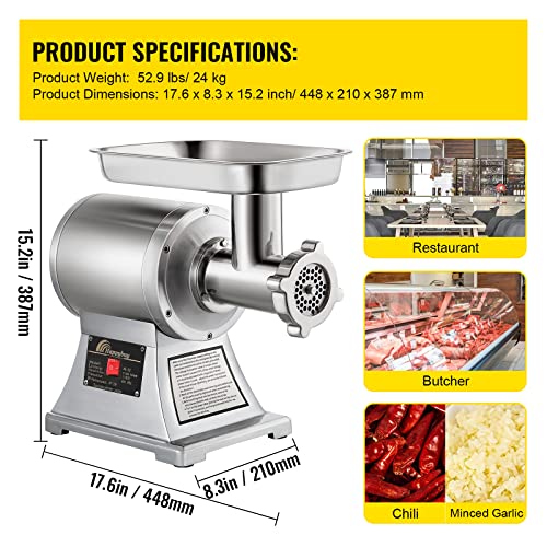 Happybuy 110V Commercial Meat Grinder 550Lbs/Hour 1100W 190 Prm Sausage Stuffer Maker 1.5 Hp Stainless Steel Home Kitchen Tool 5 Plates And 1 Cutting Knives #TOP6
