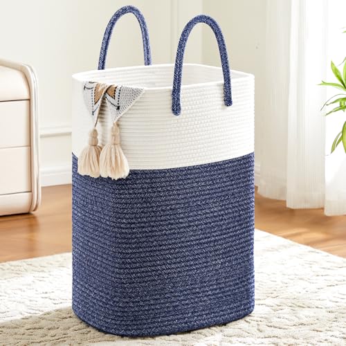 Image of Laundry Basket,Woven Cotton Rope Laundry Hamper,Versatile Storage for Dirty Clothes,Baby Toys,and Blankets in Bathroom, Nursery,and Living Room (Blue, 60L)