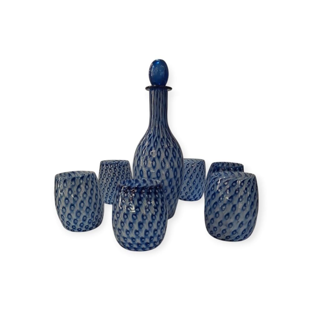 VETRERIA COLLEONI Original Murano Glass: Set Caraffa 800ml e Bicchieri Acqua 270ml, Vetro Soffiato a Mano, Tecnica Baloton Blu e Bianco, Design Unico Luxury