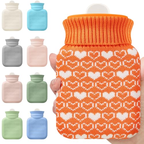 Amylove Mini Hot Water Bottle 320ml for Hot & Cold Compress with Cover Silicone Microwave Heating Small Water Bag for Travel Pain Relief Valentine's Day Gifts(Orange)