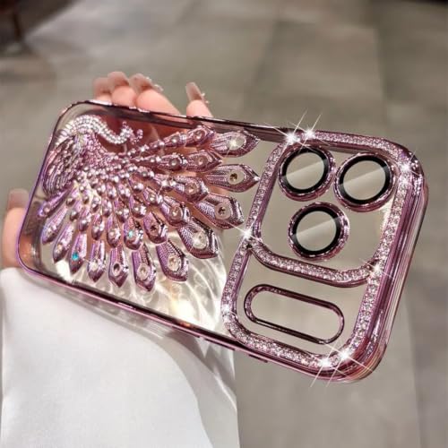Coque iPhone 13 Pro Max paillettes paon avec protection d'objectif en TPU de luxe rose