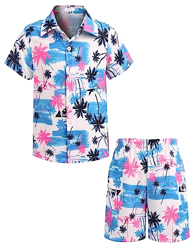 Arshiner Boy's 2 Piece Outfits Tropical Print Short Sleeve Shirt and Shorts Casual Set White - Palm Tree 5-6 Years