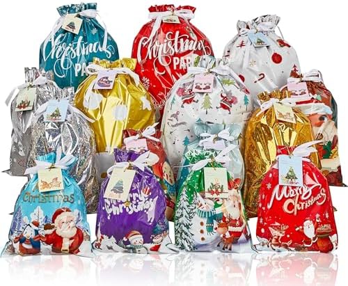 USEAMIE 30 Pcs Christmas Drawstring Gift Bags with Tags & Ribbon Ties, Assorted Sizes Xmas Wrapping Bags for Holiday Present Wrapping and Festival Party Supplies Small/Medium/Large