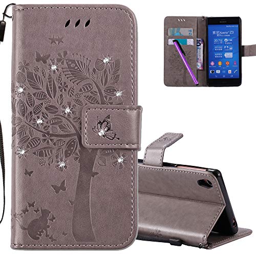Hmtechus Sony Xperia Z3 Case 3D Crystal Embossed Love Cat Butterfly Pu Flip Stand Card Holders Wallet Handmade Diamonds Bling Cover For Sony Xperia Z3 Wishing Tree Gray Kt #TOP6