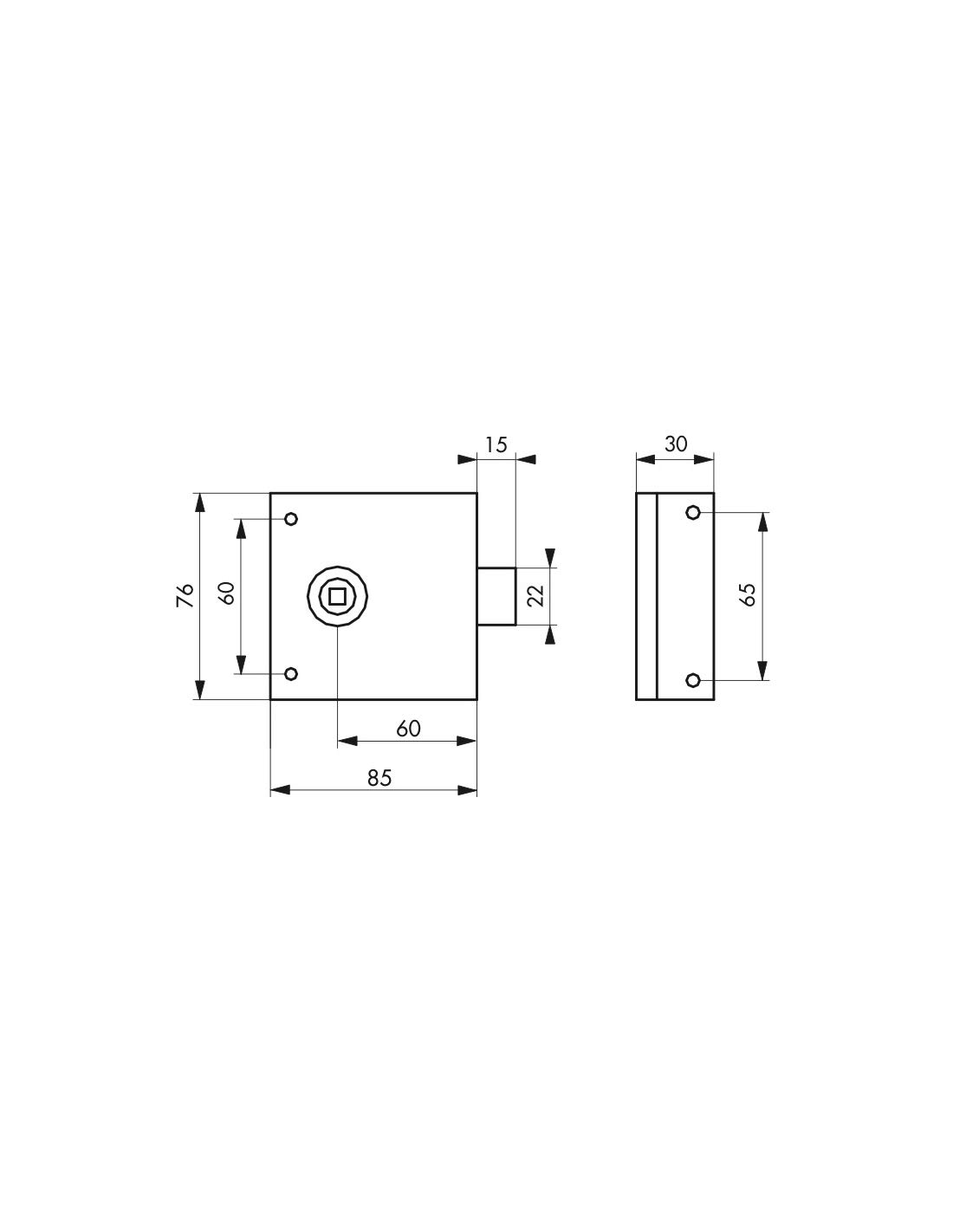 THIRARD - Serrure horizontale en applique à fouillot pour porte int., pêne 1/2tour seul, axe 60mm, carré 6mm, 85x76mm, noir