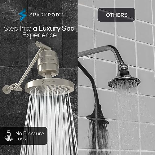 Image of SparkPod Filtered Shower Head & 11 inch Shower Arm, 6 inch Round, Brushed Nickel | Showerhead for Hard Water, High Pressure Shower Head, Adjustable Showerhead, Universal Connection, Gain Space & Style