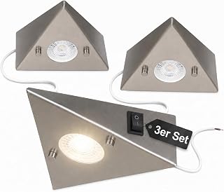 Trango 3er Set 6739-32 Küchenunterbauleuchte inkl. 3x 4.8 Watt LED Modul 3000K warmweiß ON/OFF Schalter *COOK* Edelstahl Einbauleuchte, Einbaustrahler, Dreieckleuchte, Schrankleuchte, Küchenleuchte