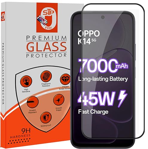 Image of STP FEEL Premium Tempered Glass Screen Protector Guard Compatible For Oppo K14 5G (6.75 Inch, Pack of 1) | Edge to Edge Coverage With Easy to installation kit for Smartphone