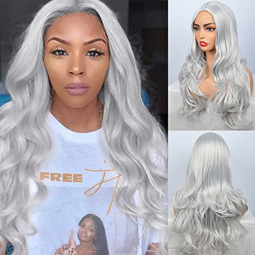 LE SECRET Long Wavy Synthetic Wig for Women 26 Inch Natural Looking Long Wavy Wig Middle Part Heat Resistant Replacement Wig Long Water Wave cosplay wig(silver)