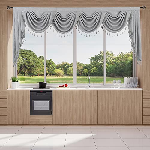 Jade Poke Luxury Waterfall Valances For Windows - Rod Pocket Modern And Elegant Jacquard Valance With Tassels Beads For Bedroom, Living Room Party Banquet Decorations (1 Panel, Grey, W110) #TOP1