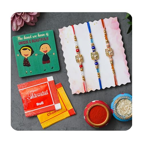 Image of Set of 3 Designer Rakhi for Brother | Combo with Fridge Magnet, Tilak Set (Roli-Chawal), and Greeting Card | Rakhi Set for Brother