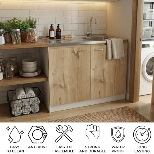 Image of Tuhome Napoles Utility Sink Base Cabinet with Integrated Stainless Steel Countertop, Freestanding Cabinet with Double Doors, Interior Shelf for Laundry Room, Utility Room, Mudroom or Kitchen