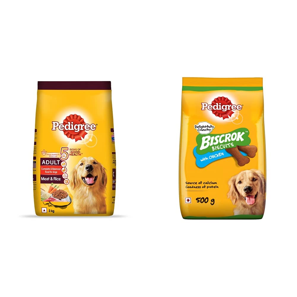 Pedigree Adult Dry Dog Food, Meat & Rice, 3kg Pack & Biscrok Biscuits Dog Treat (Above 4 Months) Chicken Flavour, 500g Pack (B0927PYQHB) Amazon Price History, Amazon Price Tracker