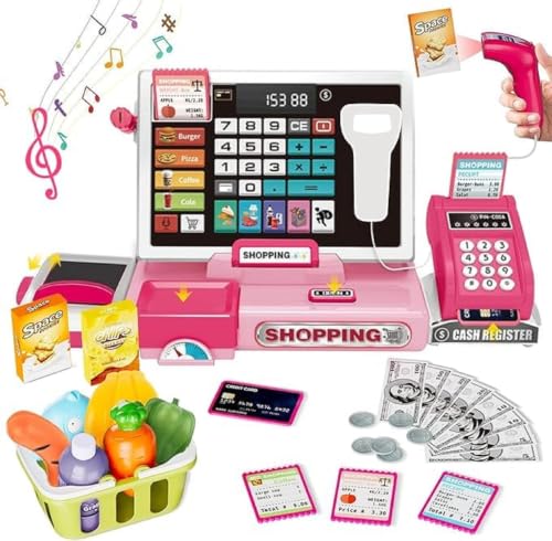 Image of DZLING Kids Cash Register Toy Playset with Real Calculator, Scanner, Credit Card, Play Money, Food, Pretend Supermarket Shopping Toy for Boys & Girls Toy for Ages 3-8