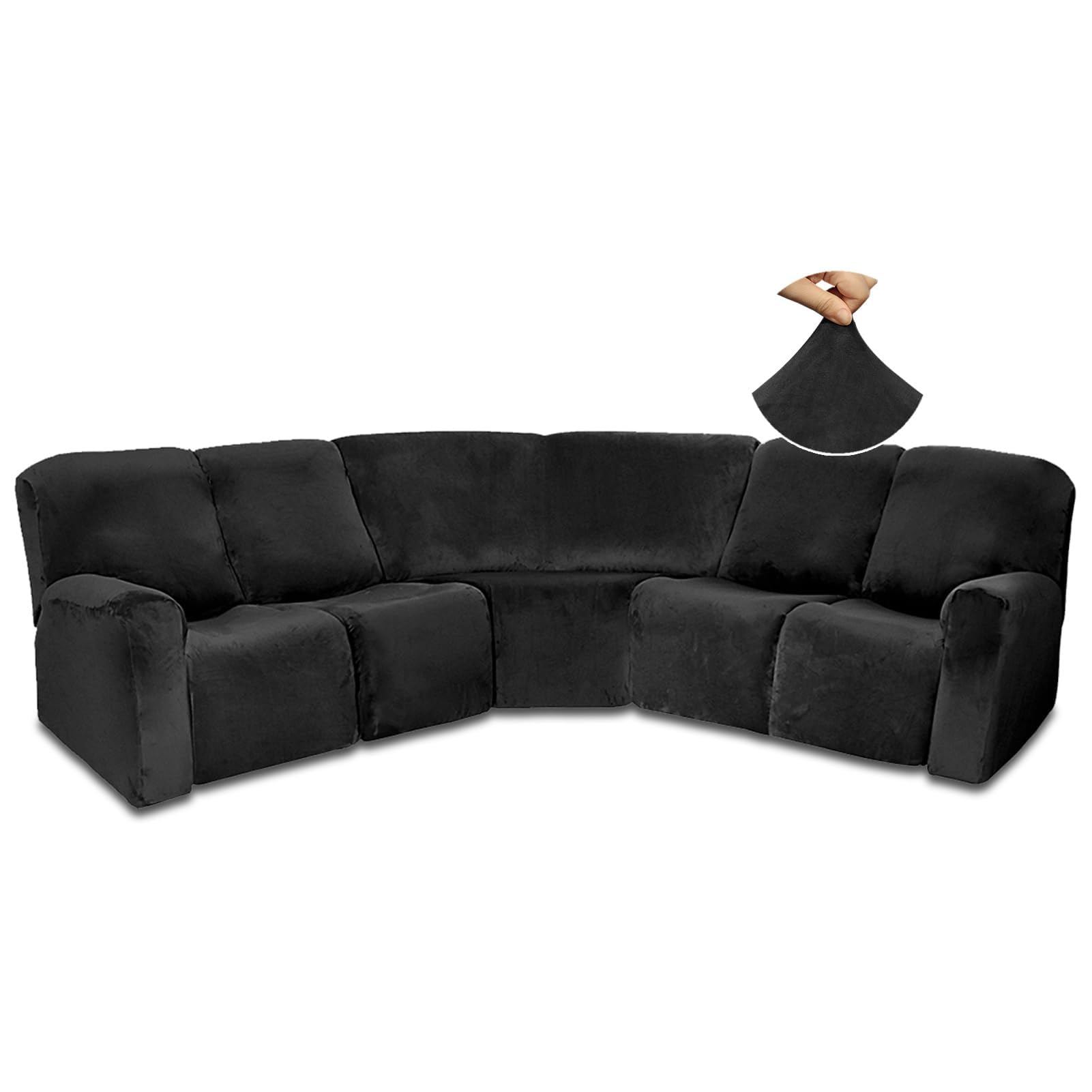JUNLEBUYI 7-Piece L Shape Sectional Recliner Sofa Covers 4 Seater & 1 Corner Seat,Velvet Stretch Reclining Couch Cover Slipcover for Reclining L Shape 5 Seat Recliner Corner Sofa (Black)