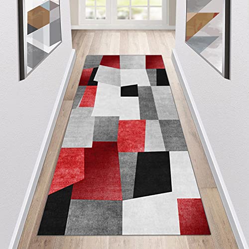 Tapis de couloir géométrique antidérapant et lavable rouge - 2