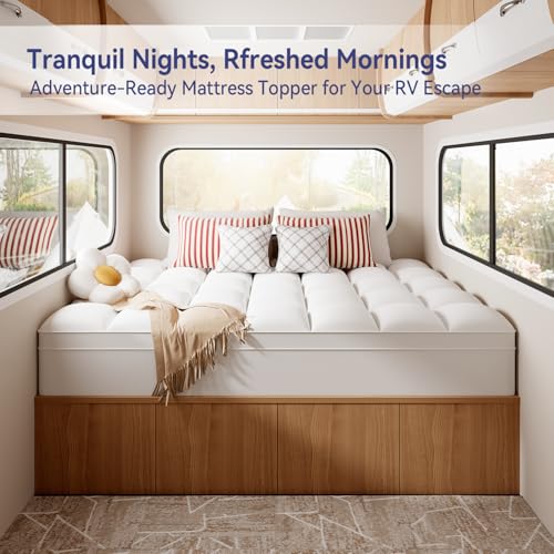 Image of ELEMUSE RV Short King Mattress Topper, Thick Pillow Top Mattress Pad | Overfilled down alternative filling adds plush comfort. Deep pocket design, fits for campers, motorhomes and trailers.