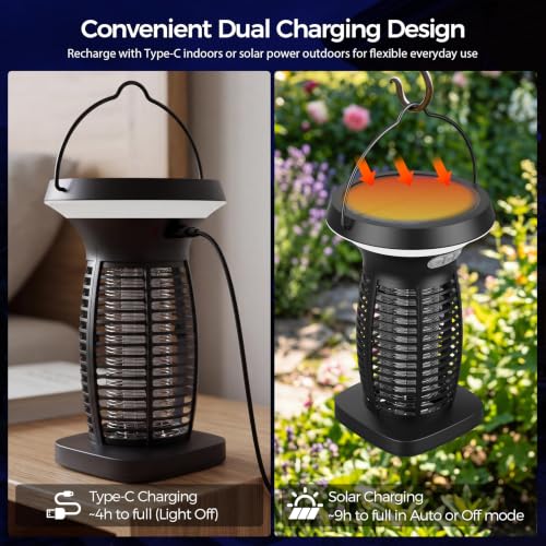 Image of Solar Bug Zapper Outdoor, UV Mosquito and Fly Zapper with Auto Mode, Rechargeable Cordless Electric Insect Trap, Waterproof Bug Light for Patio Backyard Porch Camping