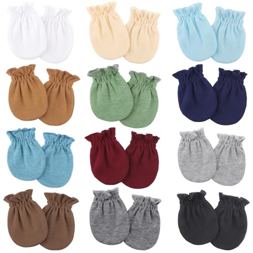 Image of BQUBO 12 Pairs Baby Mittens Newborn Infant Toddler Mittens No Scratch Cotton Elastic Wrist Gloves Hypoallergenic for Baby Boys Girls 0-6 Months