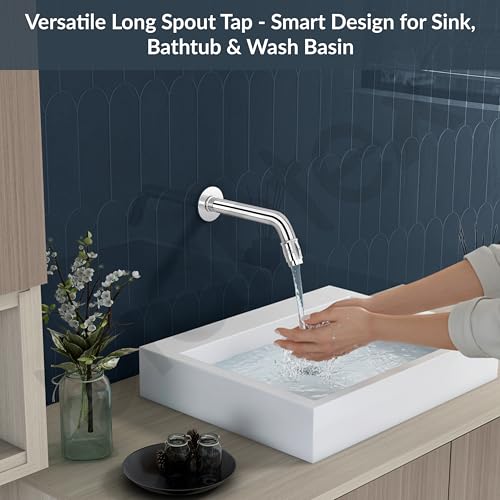 Image of Plantex Pure Brass Long Body Bib Cock Water Tap for Bathroom with Water Saving Aerator /Wall Mount Tap with Brass Wall Flange and Teflon Tape -7 Year Warranty by Plantex (MAG-1202, Chrome)