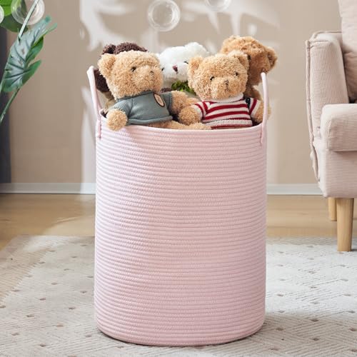 Image of YOUDENOVA Woven Rope Laundry Hamper, 58L Tall Luandry Basket, Baby Nursery Hamper for Blanket Storage in Bedroom-Large-Pink
