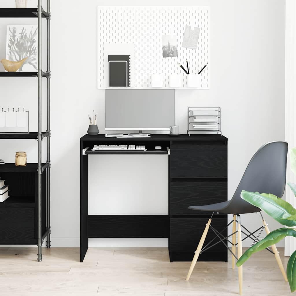 Scrivania nera effetto rovere, 90 x 45 x 76 cm, materiale in legno, robusto computer desk per casa, ufficio, gaming, con 3 cassetti, molto spazio