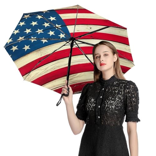 Meaudiwes Fashion Windproof Folding Travel Umbrella Unisex Compact Automatic Open Close Vintage Wooden American Flag