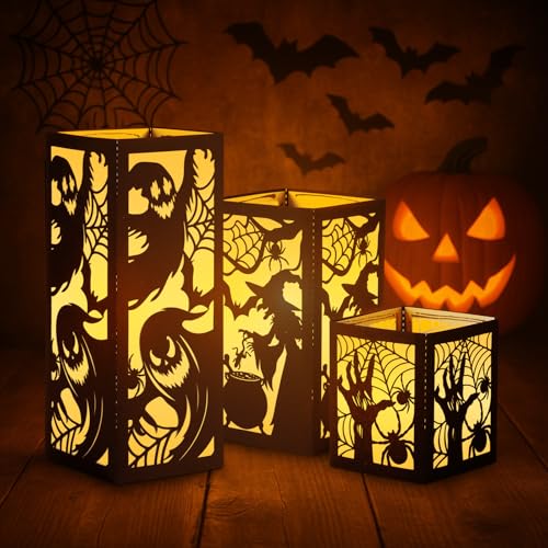 Retisee 18 Set Halloween Table Decorations Indoor Include18 Halloween Centerpieces Boxes 18 LED Candles Light up Paper Lanterns 3 Sizes Witch Spider Web Ghost Pattern for Spooky Party(Horrible Style)