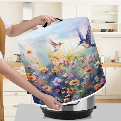 Image of Cozeyat Hummingbird Floral Purple Air Fryer Cover Dust Cover Dust Protection Insulated Kitchen Appliance Cover with Top Handle and Storage Pockets for Women Wife Gift