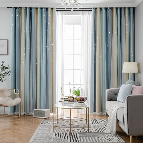 Image of Yancorp Curtains for Girls Bedroom Kids Curtain Hollow-Out Star Window Nursery Curtain 63 inches Length Room Darkening Grommet 2 Layers (Blue Beige, W34 X L42)