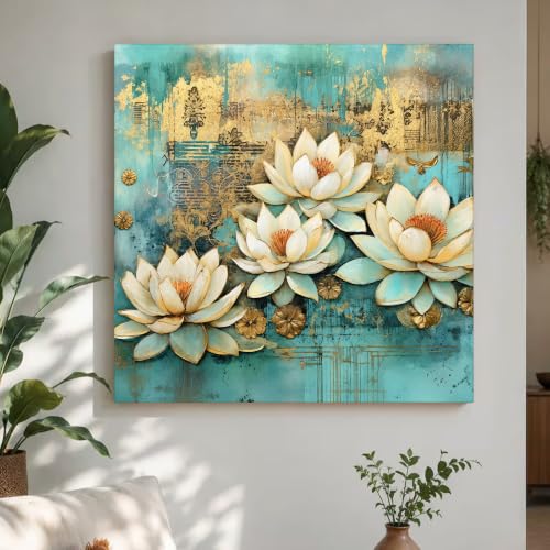Image of PAINTINGMANTRA White Lotus Flower Canvas Wall Art Painting for wall decoration, Lotus floral Stretched Canvas Painting for living room, bedroom, Home and Office, 22x22 Inch
