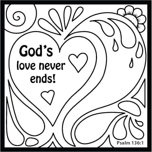 Memory Cross Never Ending Loop Coloring Card – “God’s Love Never Ends” – 4-Panel Folding Christian Activity Card for Kids to Color – 6x6 – Black & White Bible Verse Craft (Psalm 136:1) - 12/PK