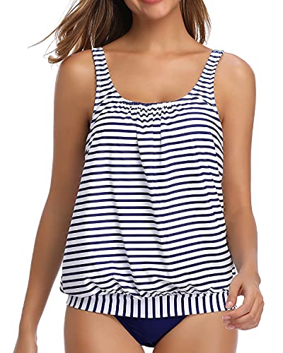 Yonique Blouson Tankini Swimsuits for Women Loose Fit Modest Striped Two Piece Bathing Suits Blue and White XL